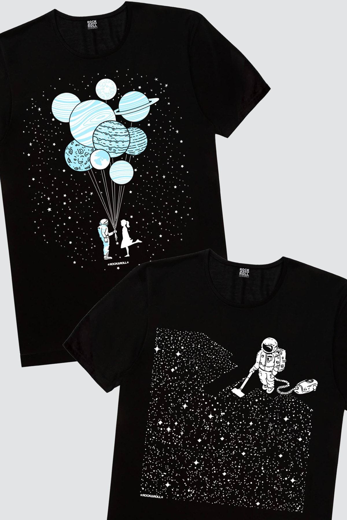 ROCKANDROLL Kadın Siyah Balon Gezegenler, Siyah Süpürgeli Astrontot 2'li Eko Paket T-shirt