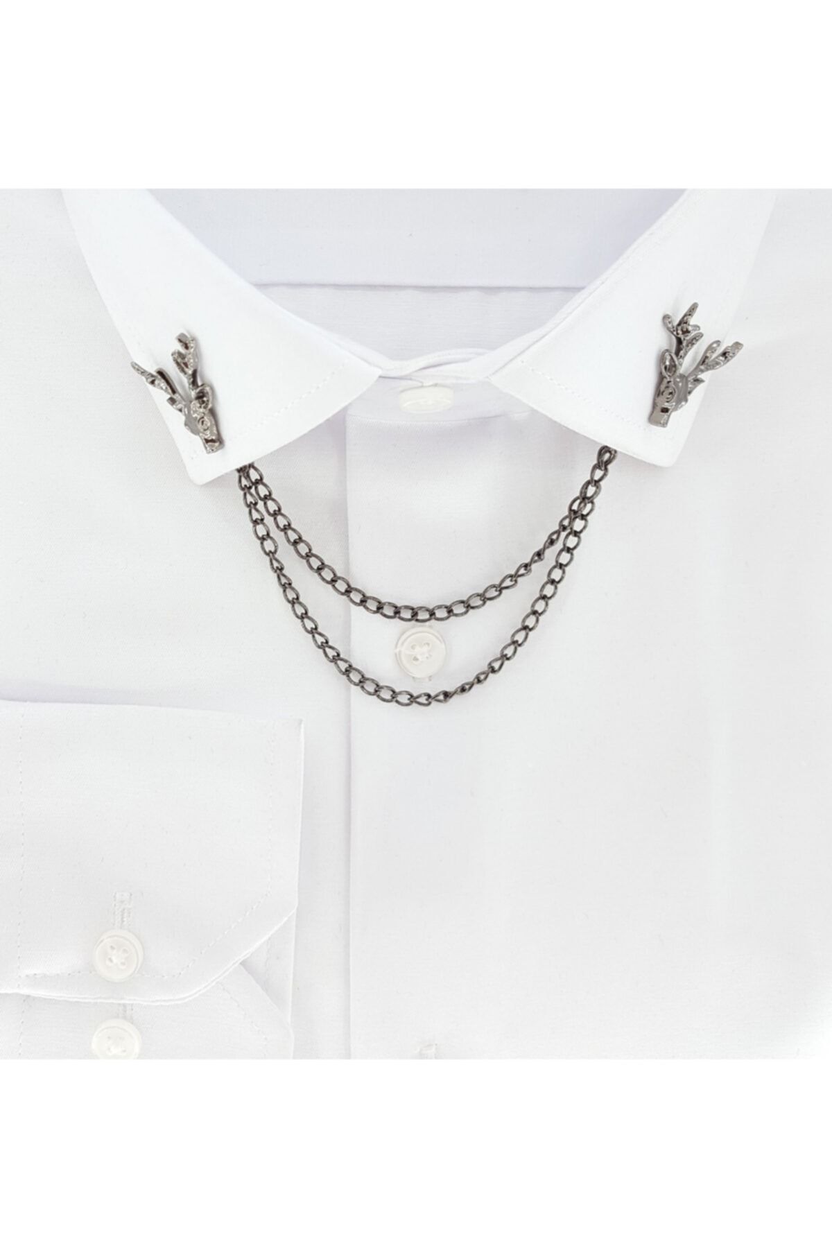 Elegante Cravatte Unisex Gümüş Geyik Figürlü Zincirli Gömlek Yaka Iğnesi
