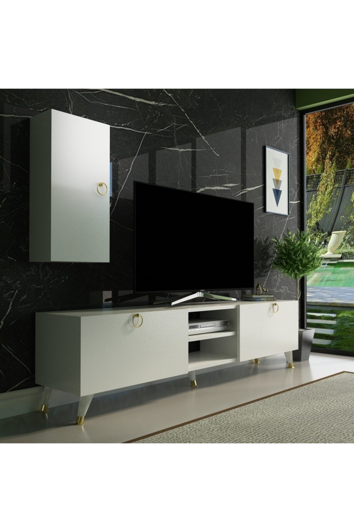 NEWLİNE Dekormia Moon Gold Tv Ünitesi 180 cm Parlak Beyaz