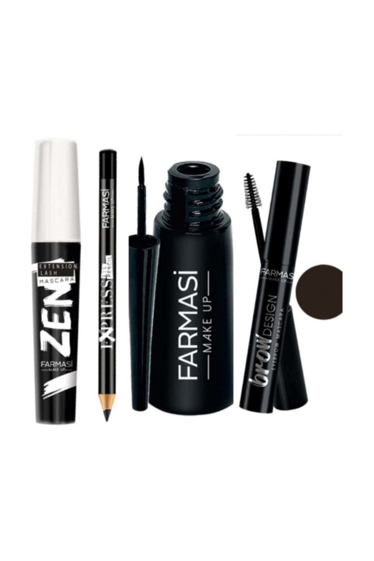 Farmasi Zen Maskara + Kalın Uçlu Eyeliner + Siyah Göz Kalemi + Koyu Kahve Kaş Maskarası  Makyaj Seti