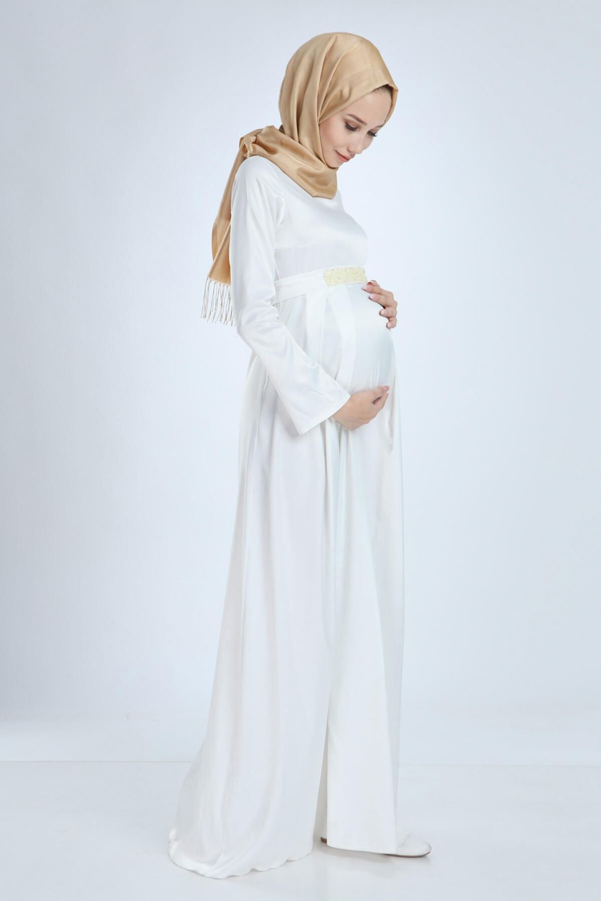 MODA LABİO Saten Tesettür Incili Beyaz Hamile Elbise
