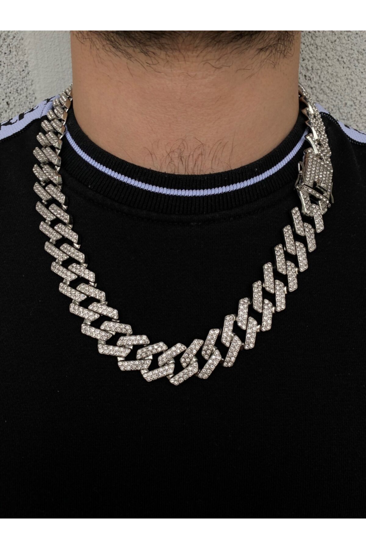 TAKIKRALI Erkek Gümüş Renk Cuban Chain Taşlı Çelik Kolye CHAINTAKRKRL