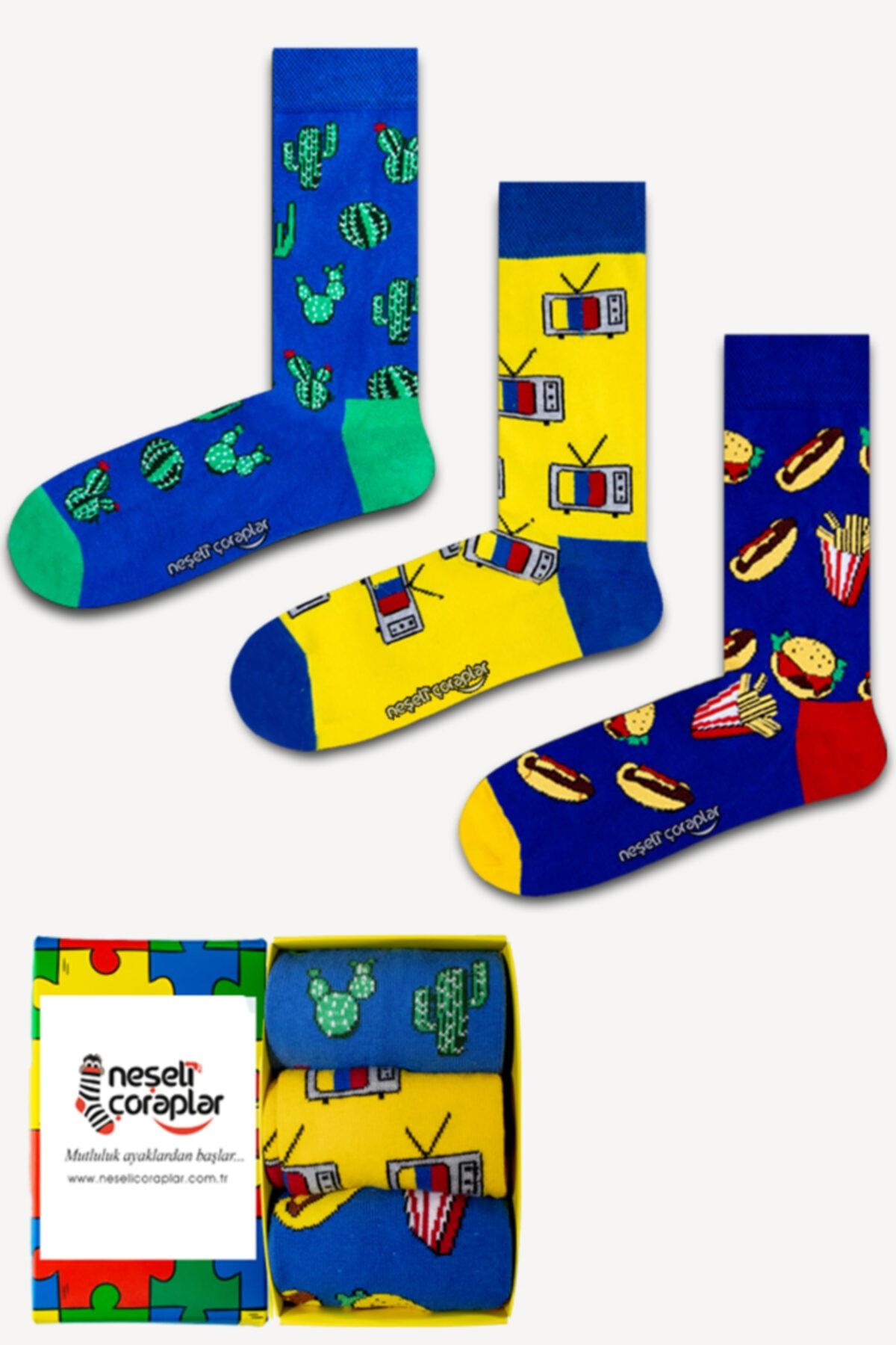 Neşeli Çoraplar 3'lü Kaktüs Renkli Çorap Set