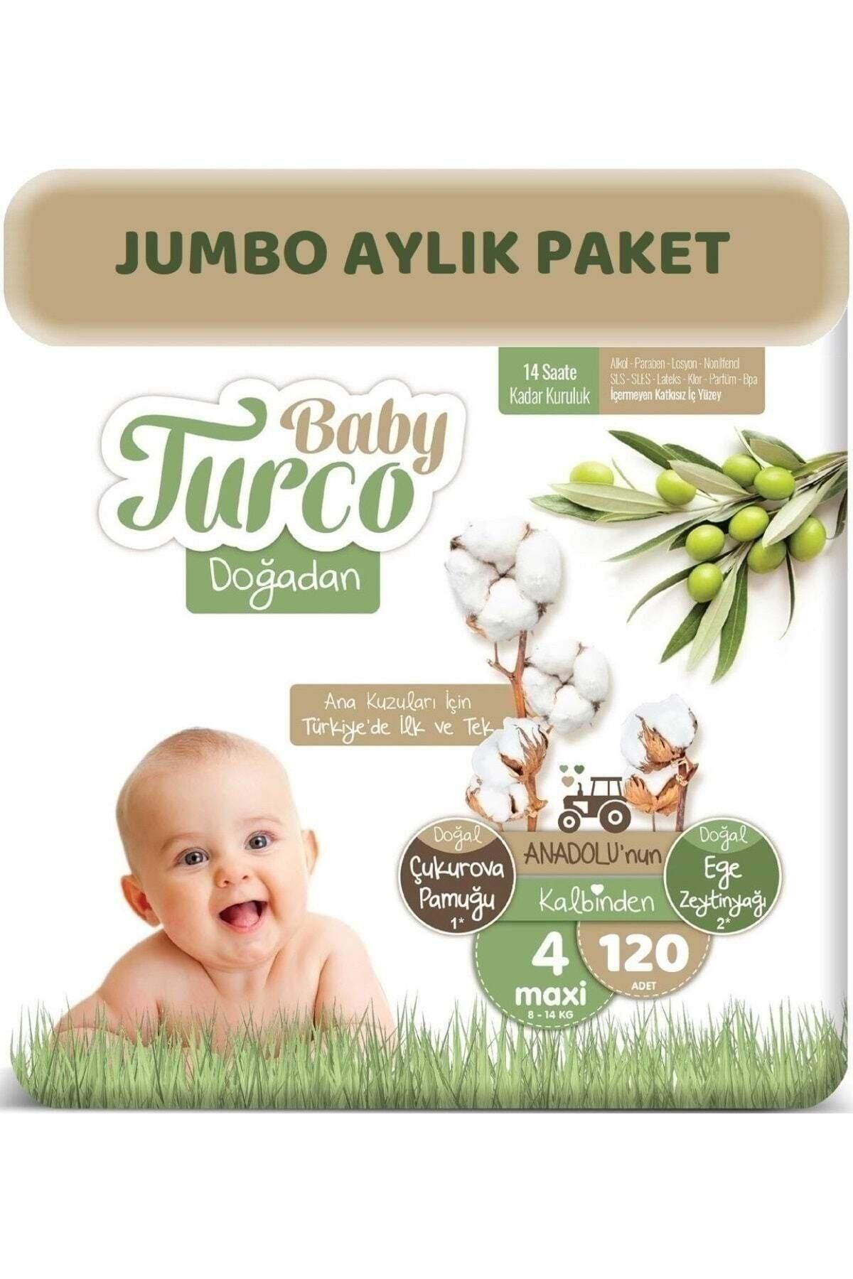 Baby Turco Doğadan Bebek Bezi 4 Beden - Numara Maxi 120 Adet Aylık Jumbo Paket 8 - 14 Kg