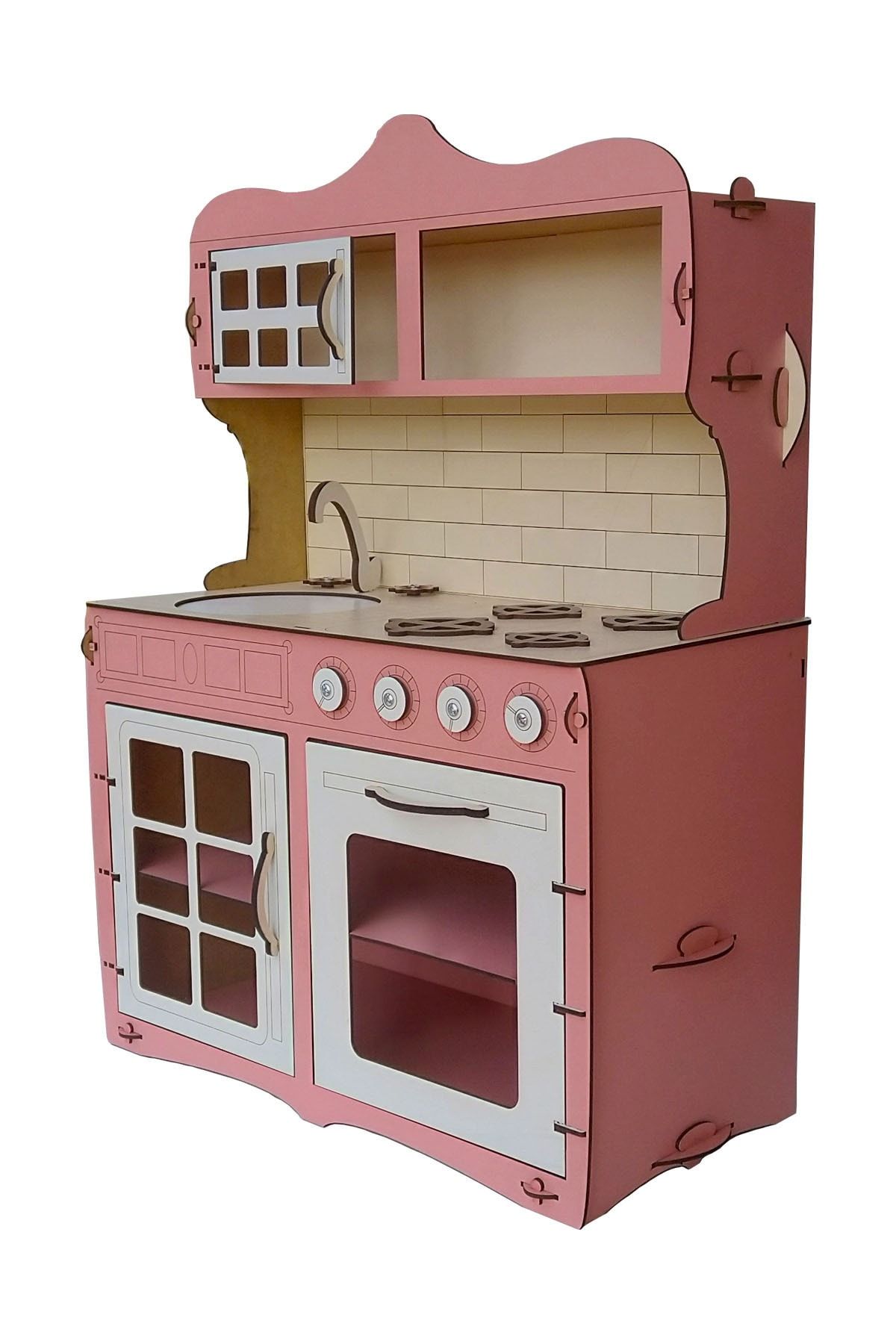 ALFAGAMA Mini Ahşap Çocuk Oyun Mutfağı Tezgah Dolap Seti Evcilik Oyunu Oyuncak Pembe Mutfak 65 cm