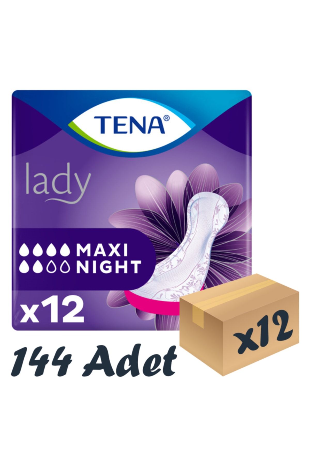 Tena Lady Maxi Night, Kadın Gece Mesane Pedi, 6 Damla, 12'li 12 Paket 144 Adet