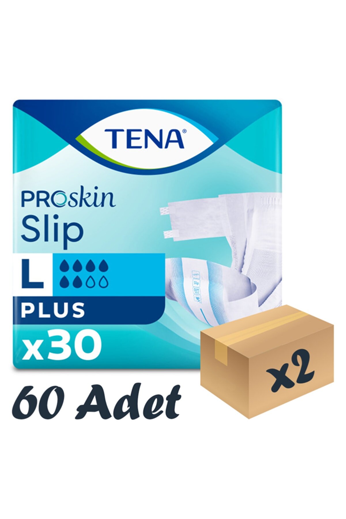 Tena Proskin Slip Plus Bel Bantlı Hasta Bezi, Büyük Boy (L), 6 Damla, 30'lu 2 Paket 60 Adet