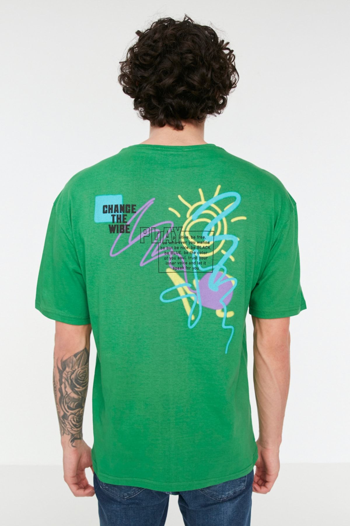 TRENDYOL MAN Yeşil Erkek Geniş Kesim Baskılı Kısa Kollu T-Shirt TMNSS21TS3438