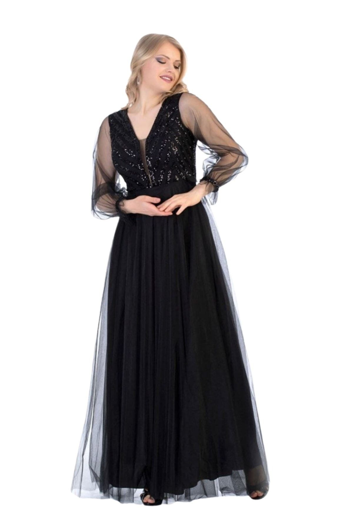 butikburuç Kadın Siyah Pul Işlemeli Eteği Tüllü Uzun Abiye Elbise
