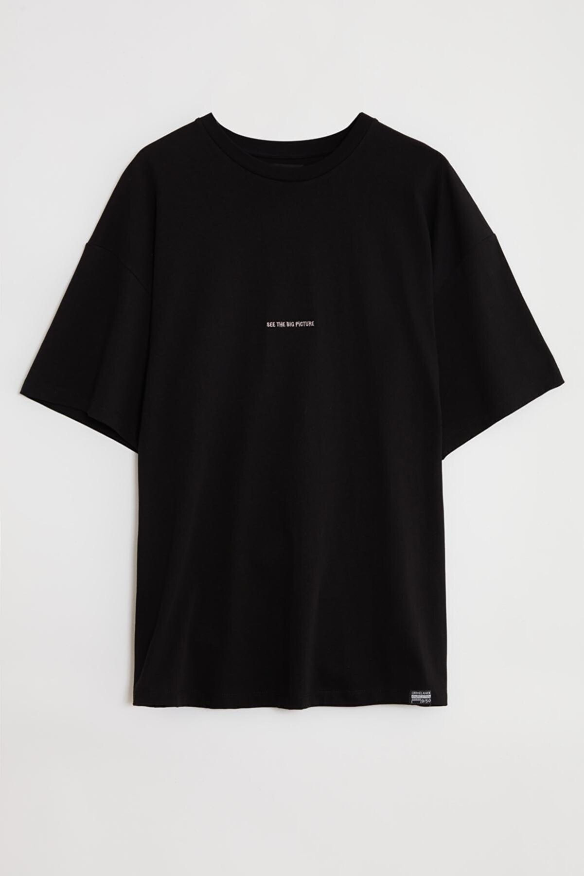 GRIMELANGE Rıver Erkek Siyah Nakışlı / Işlemeli Yuvarlak Yaka Oversize T-shirt