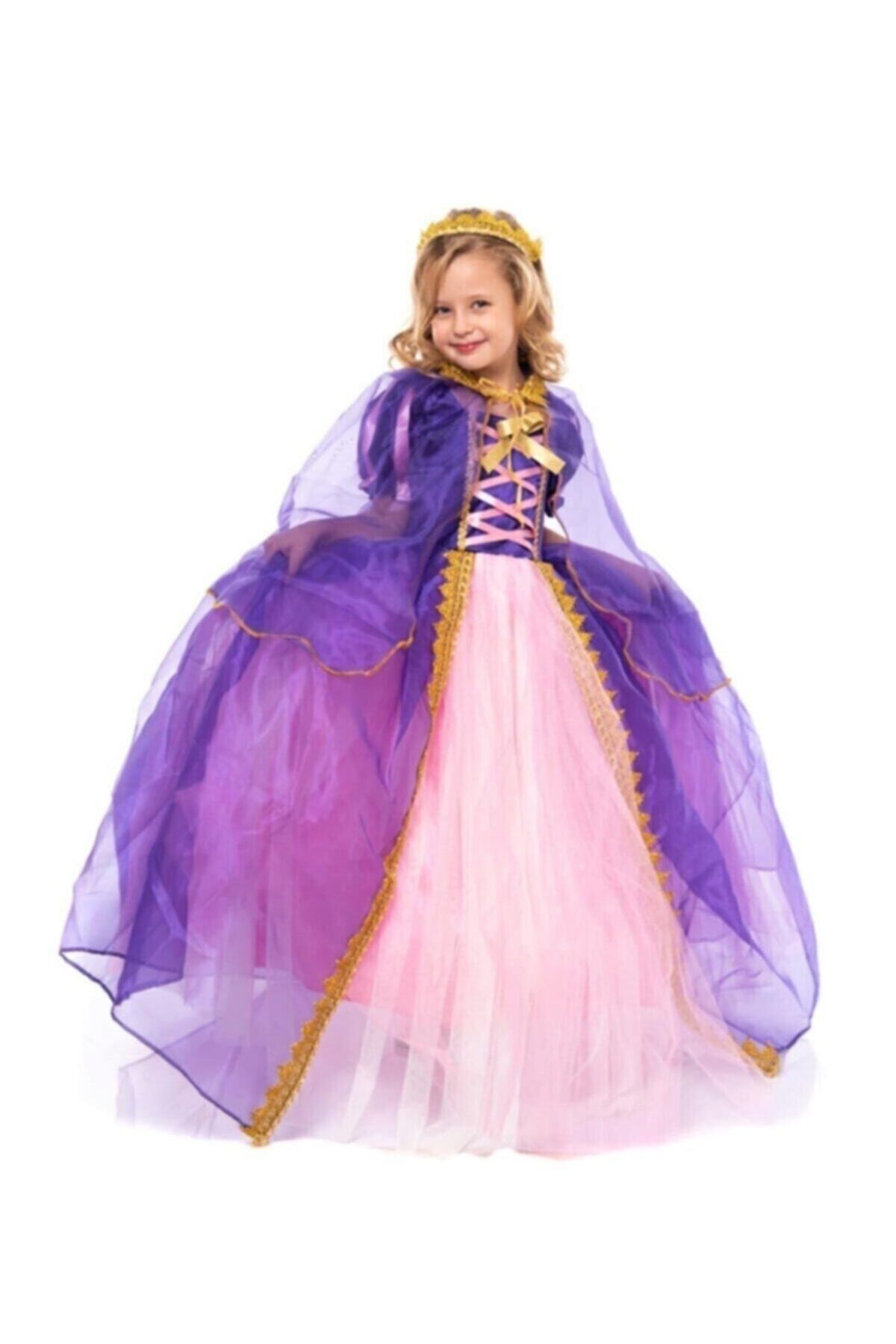 DEHAMODA Kız Çocuk Elbise Taçlı Rapunzel Kostümü - Pelerinli Taclı Tarlatanlı Rapunzel Kostüm