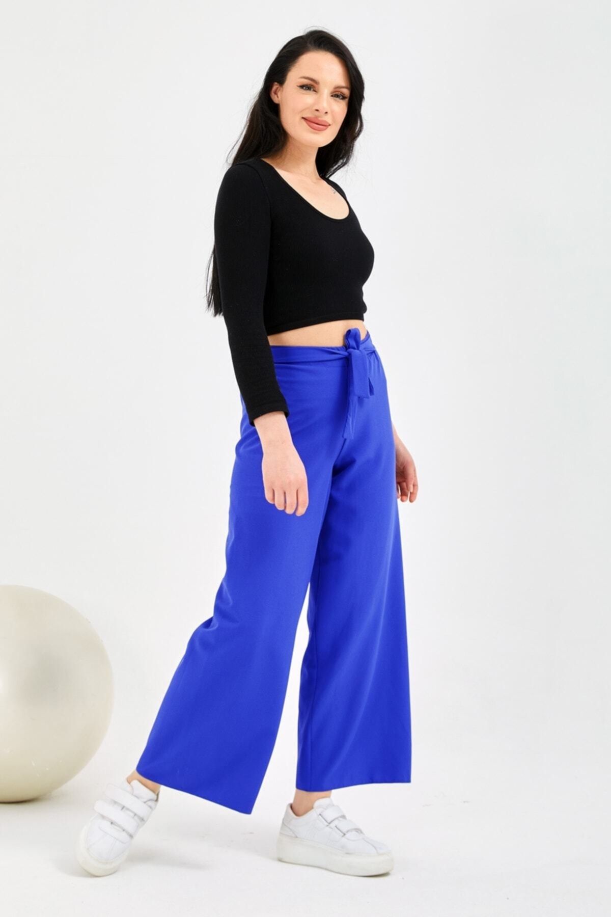 Genel Markalar Kadın Saks Mavi Bel Lastikli Rahat Kesim Pantolon