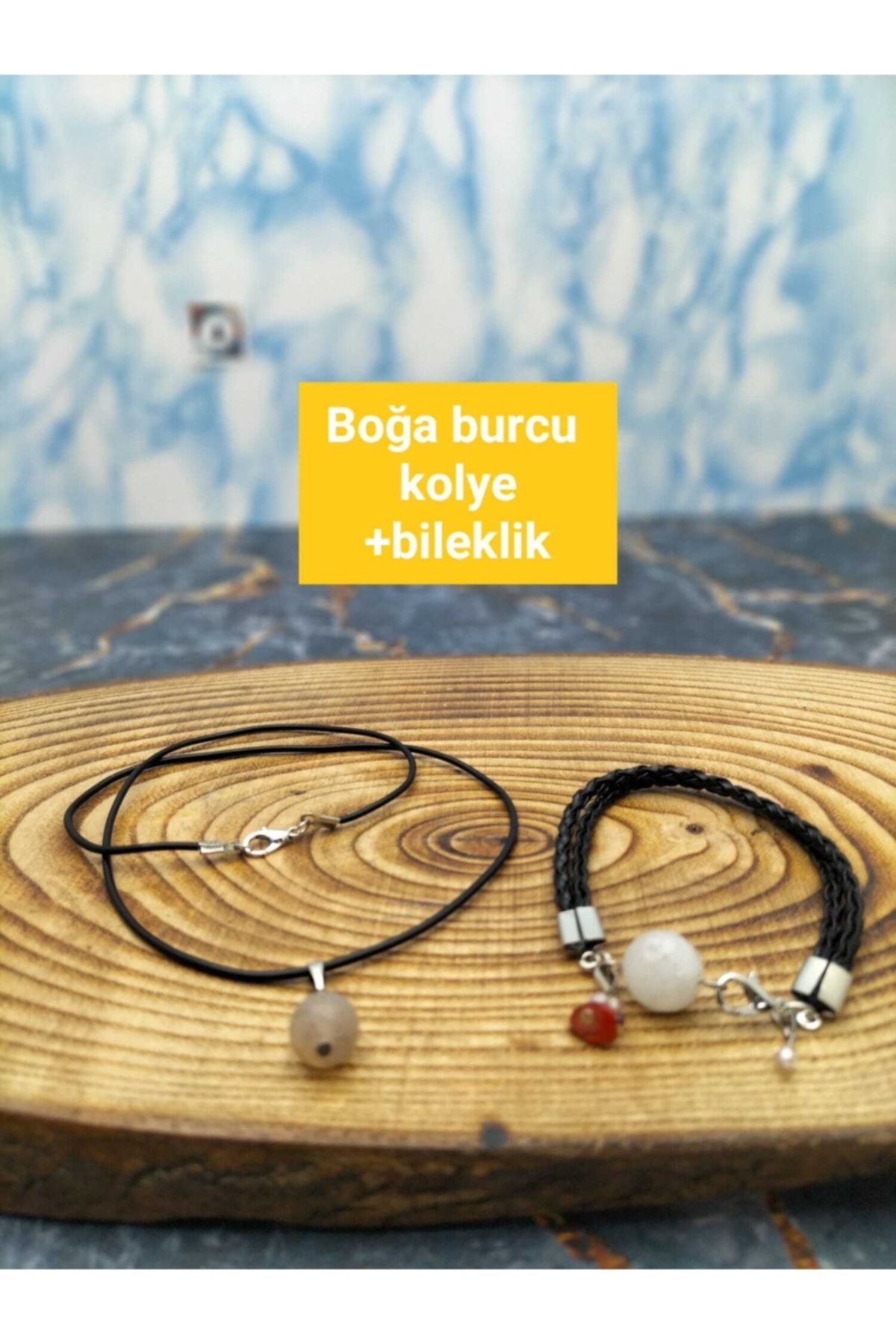 By Damla Collection Doğaltaş - Boğa Burcu Bileklik+kolye Hediyeli- Kalsedon Taşı-unisex