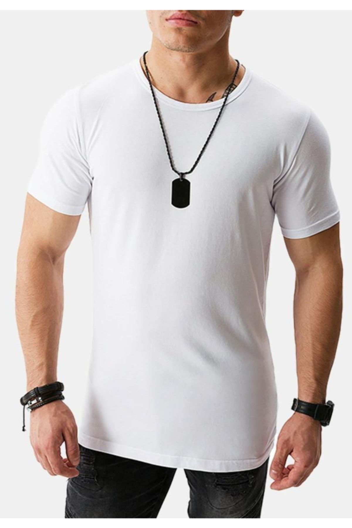 1Moda1Tarz Erkek Beyaz Yuvarlak Yaka Özel Penye Kumaş Slimfit T-shirt