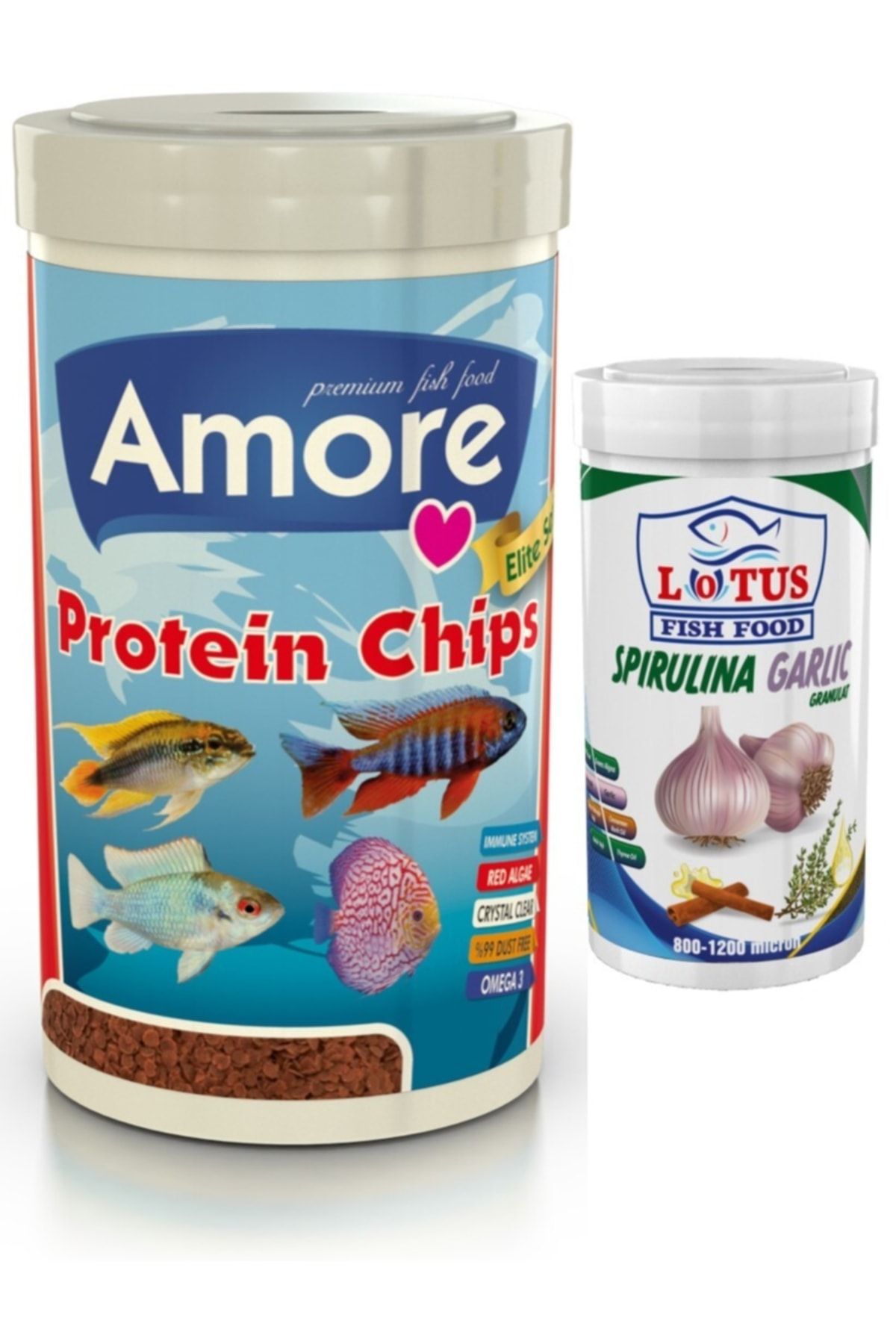 AMORE Elite Protein Red Algae Pro Chips 250ml + Lotus Spirulina Garlic 100ml Malawi Balık Yemi