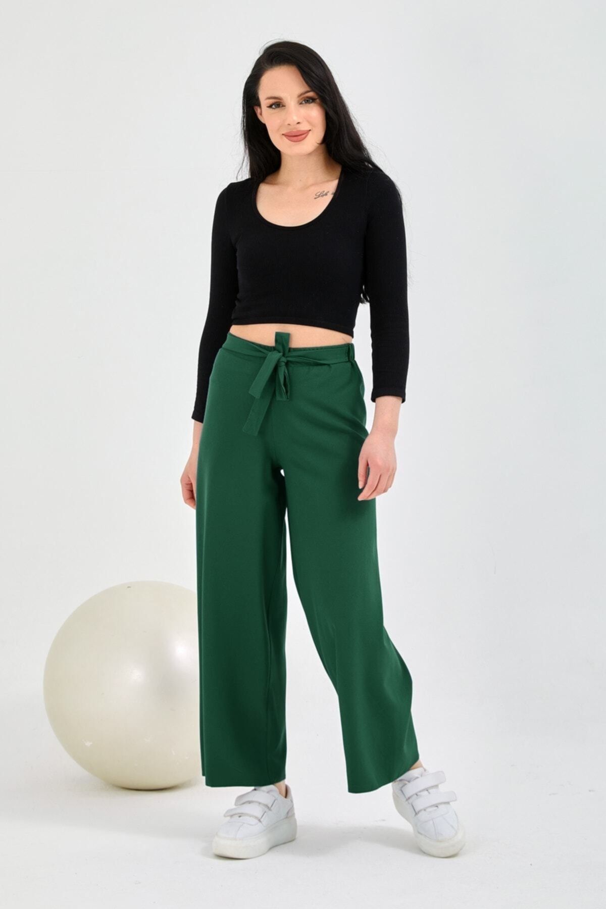 Genel Markalar Kadın Zümrüt Yeşili Bel Lastikli Rahat Kesim Pantolon