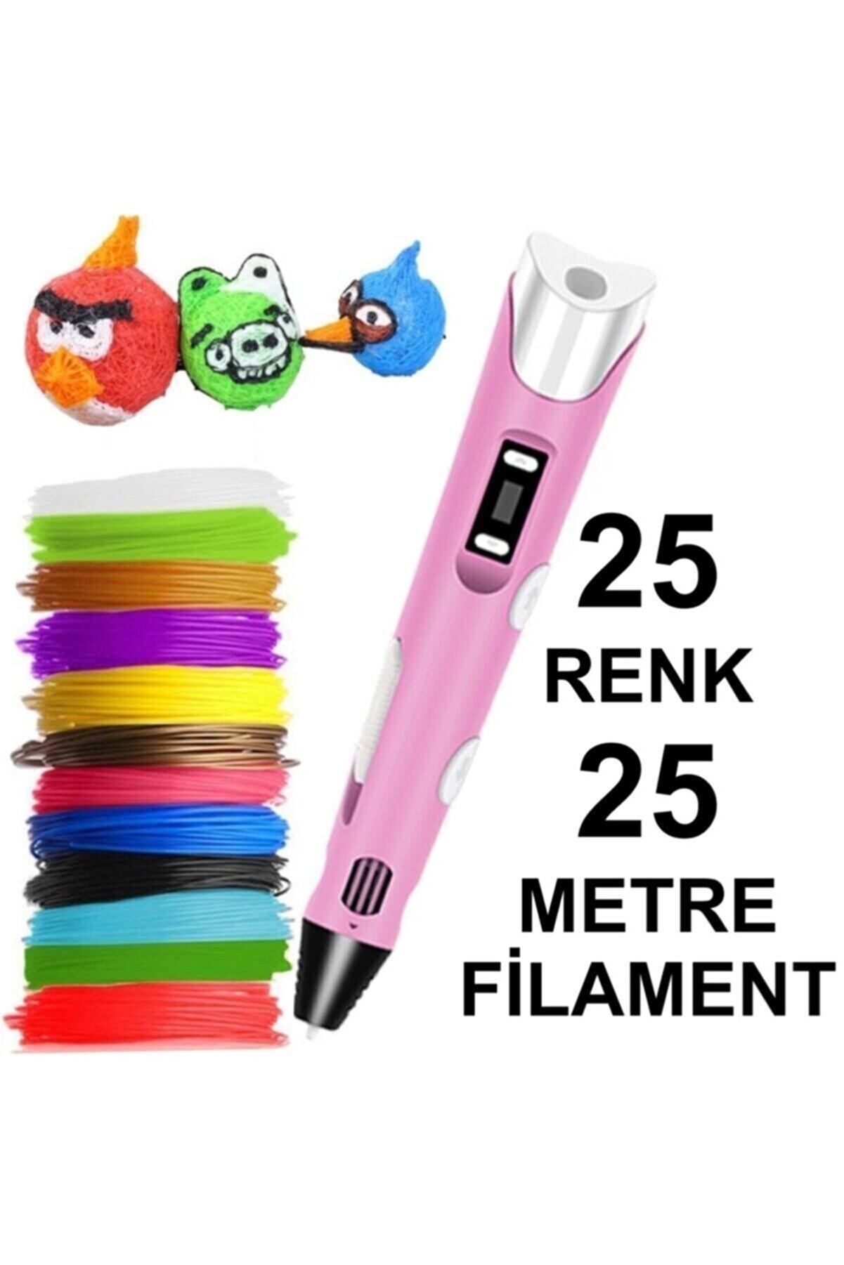 3D Pembe Kalem Yazıcı+25 Renk 25 Metre (25x1metre) Pla Filament