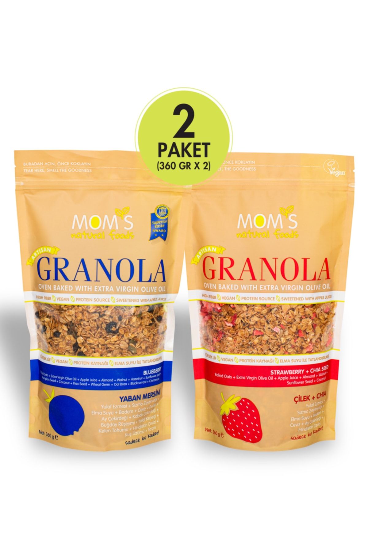 Mom's Natural Foods 2'li Granola - Çilek Chıa 360 G - Yabanmersini 360 G