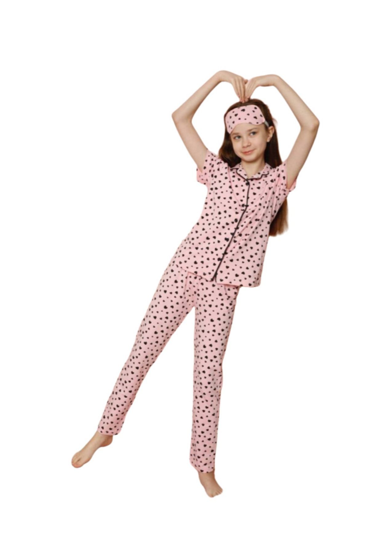 Lolliboomkids Kız Çocuk Kısa Kol Kalp Desen Düğmeli Pijama Takımı 3'lü Set Pembe Renk Göz Bandı Hediyemizdir