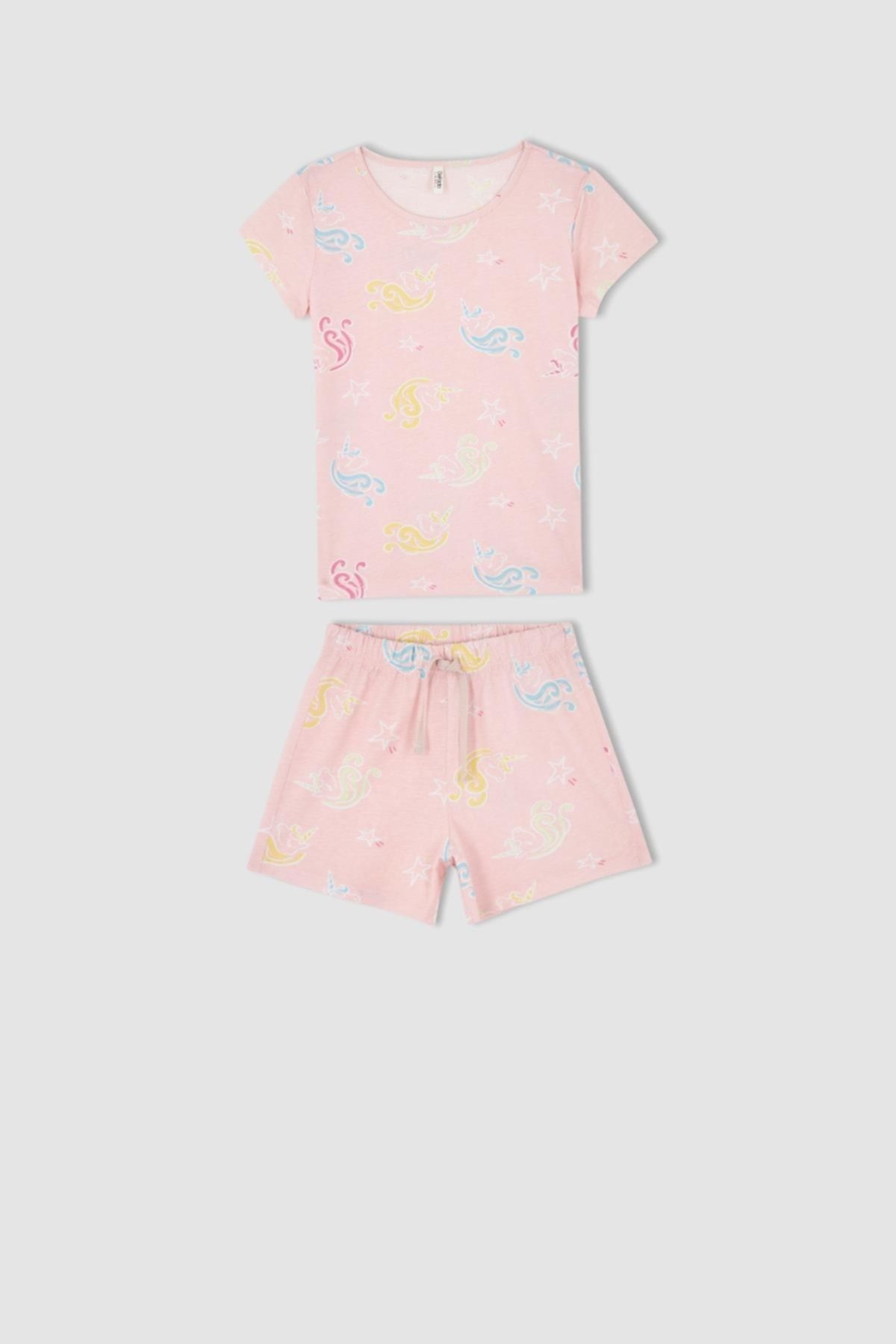 Defacto Kız Çocuk Desenli Kısa Kollu Pamuklu Pijama Takım