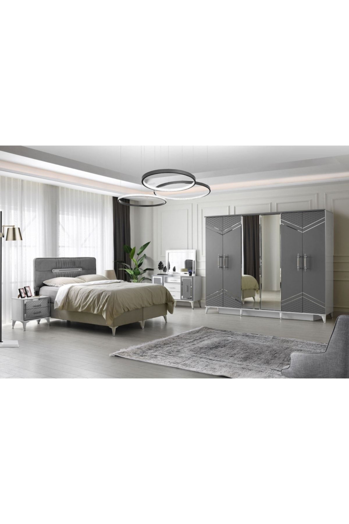 GuneyStore Ücretsiz Montaj Komple Mdf 6 Kapaklı Izmir Gri-beyaz Yatak Odası Takımı Baza Dahil