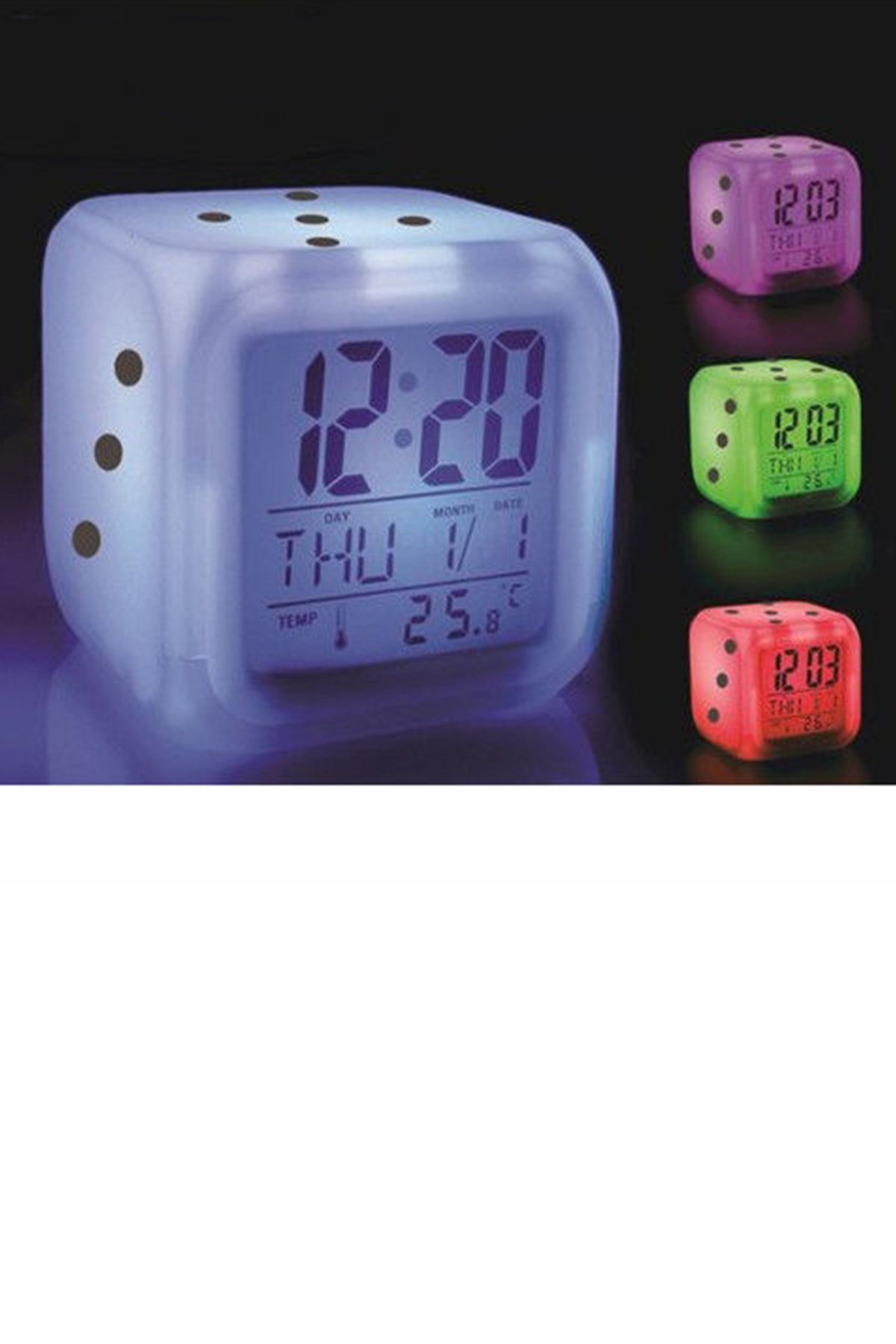Bundera 7 Renk Değiştiren Alarmlı Dijital Zar Küp Saat Alarmlı Dekoratif Masa Saati Gece Lambası Çalar Saat