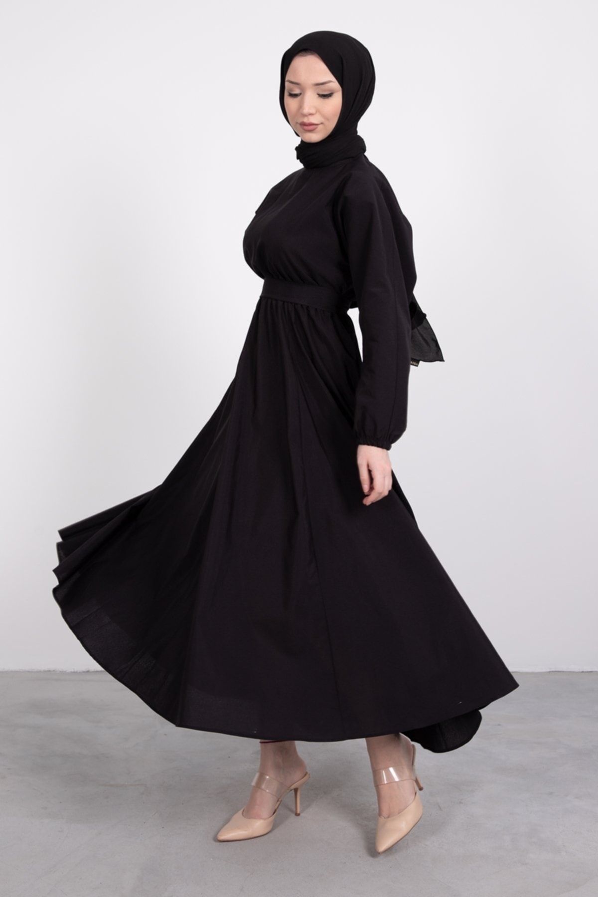 Lamia Giyim Kuşaklı Kloş Elbise Siyah