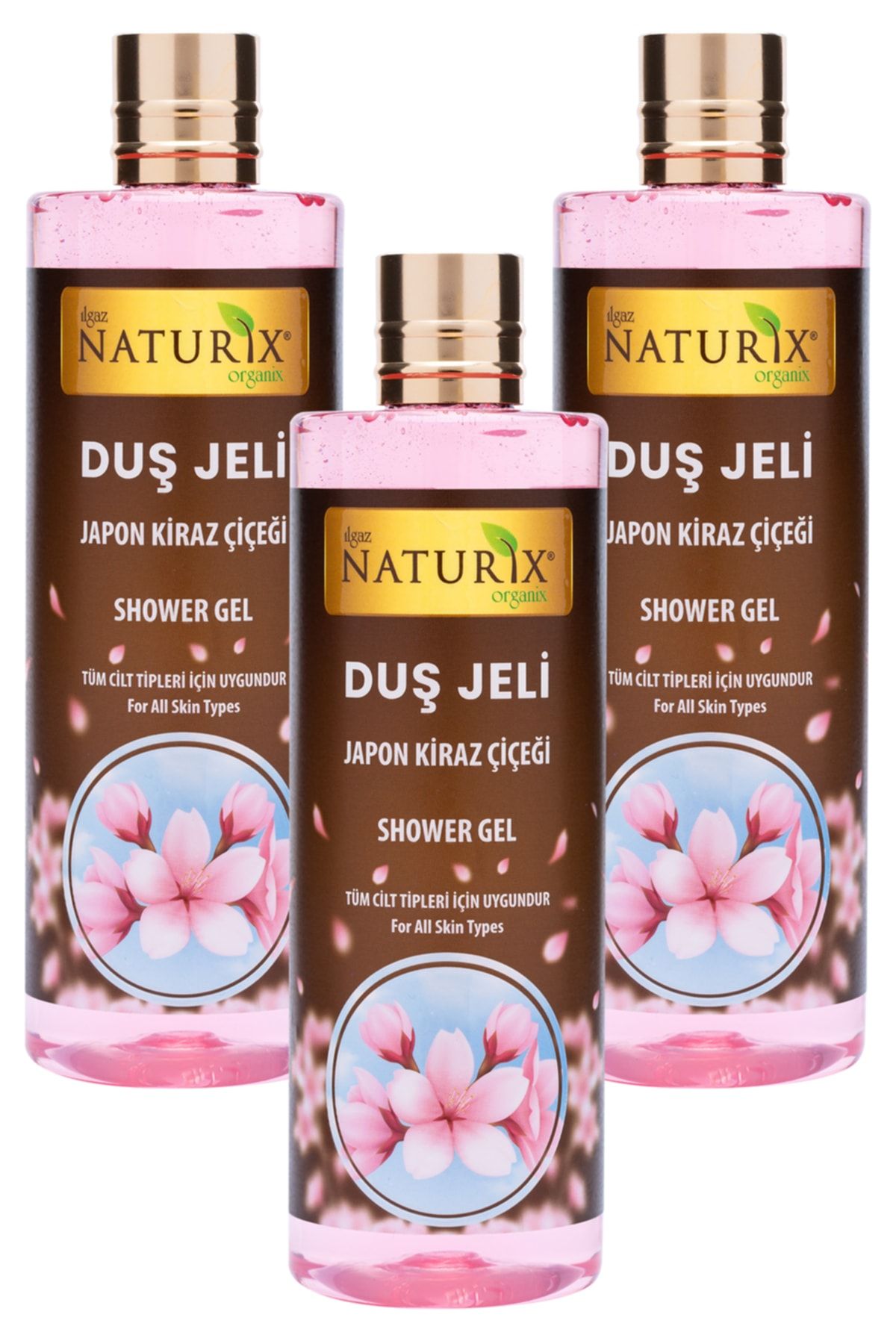 Naturix Aroma Terapi Duş Jeli Japon Kiraz Çiçeği Duş Jeli Kalıcı Kokulu Banyo Jeli 400 ml 3'lü Banyo Seti