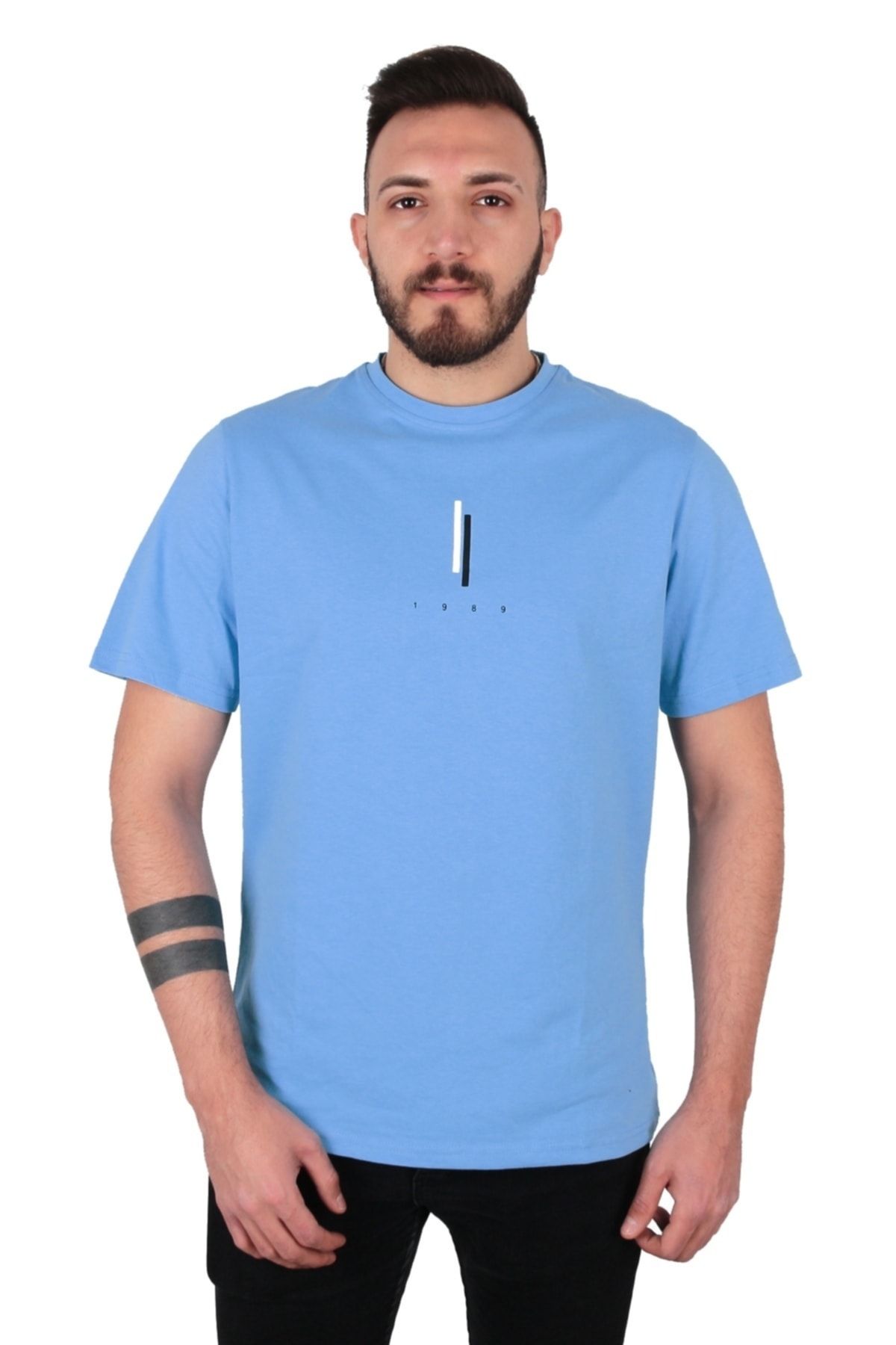 Five Pocket Erkek Bisiket Yaka Oversize Tişört - Mavi