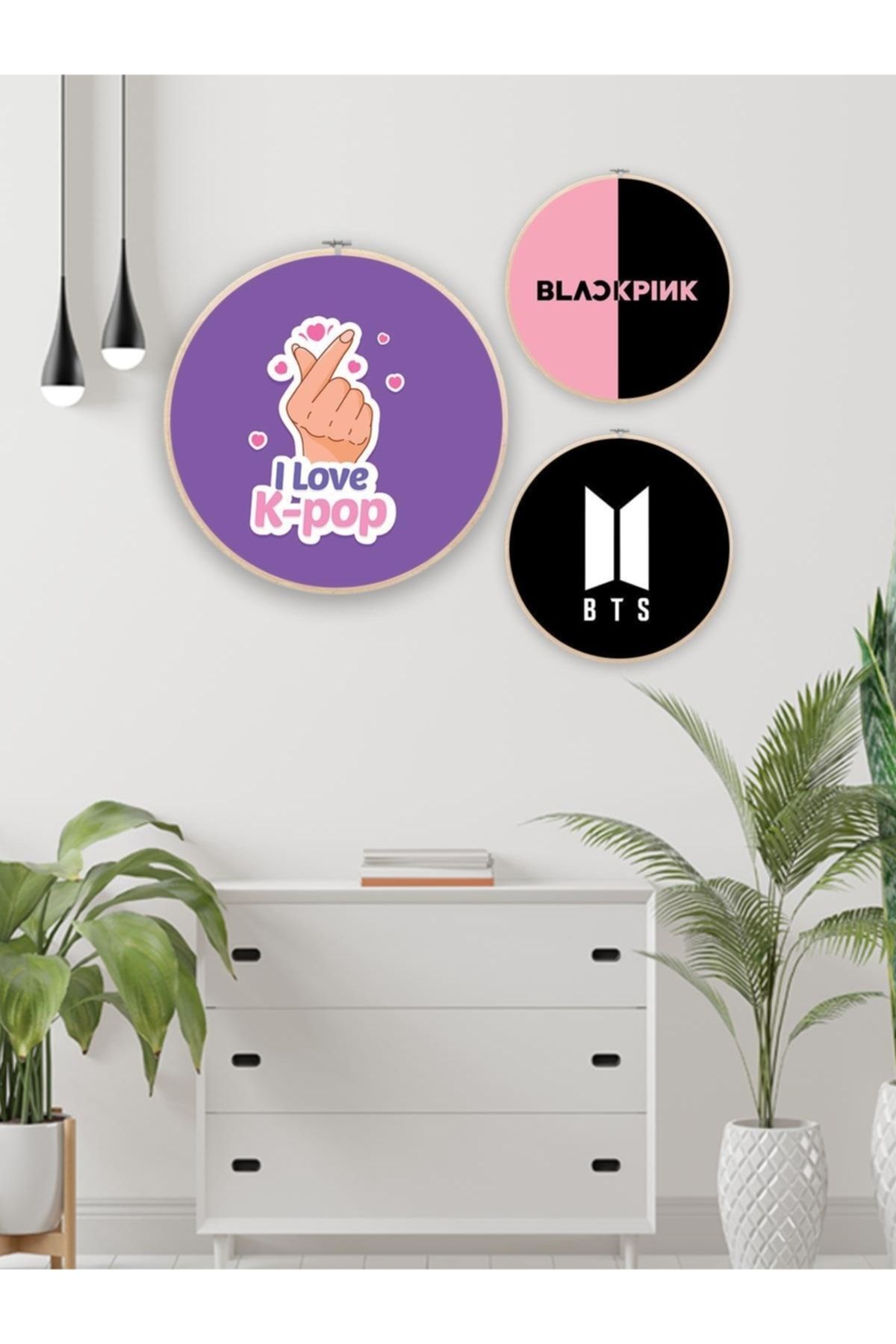 Saturn K Pop Bts Black Pink Tablo Seti Yuvarlak Çerçeveli Ahşap Kanvas Tablo