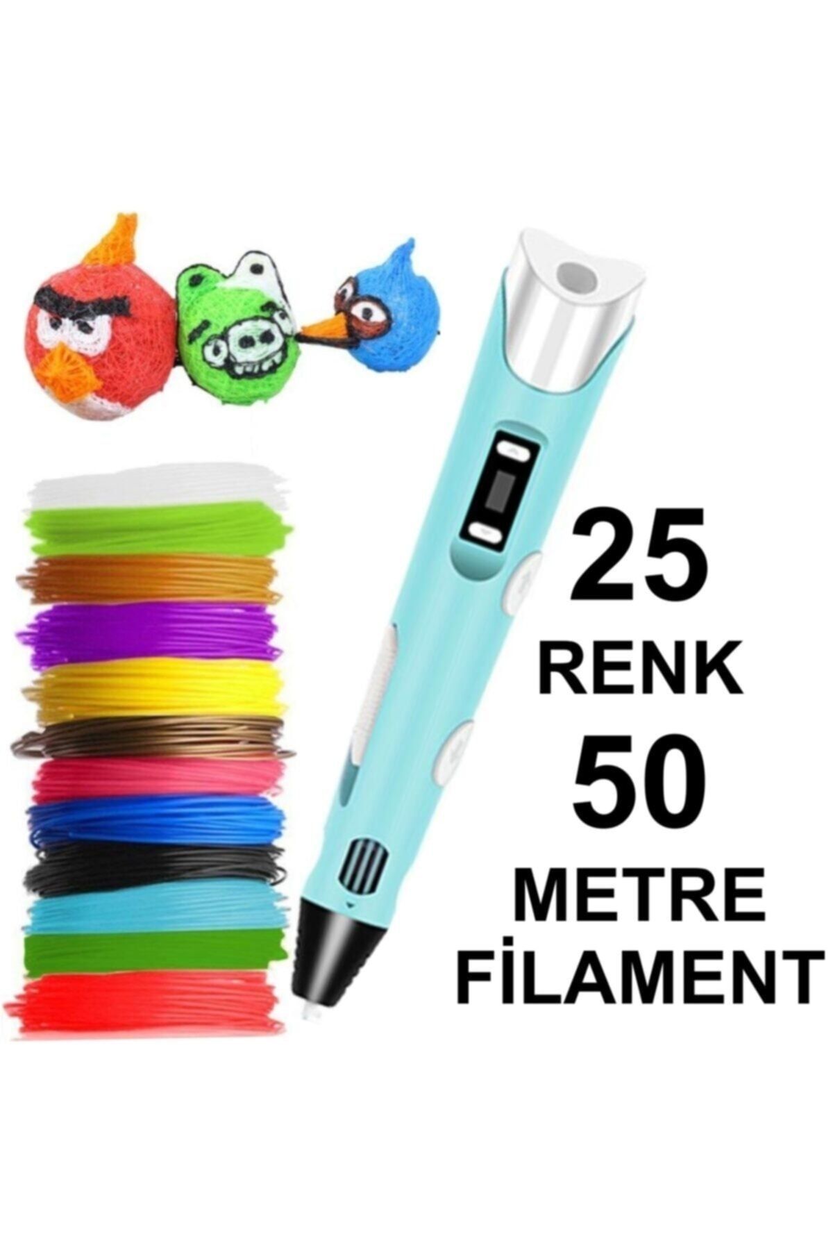 3D Mavi Kalem Yazıcı+25 Renk 50 Metre (25x2metre) Pla Filament