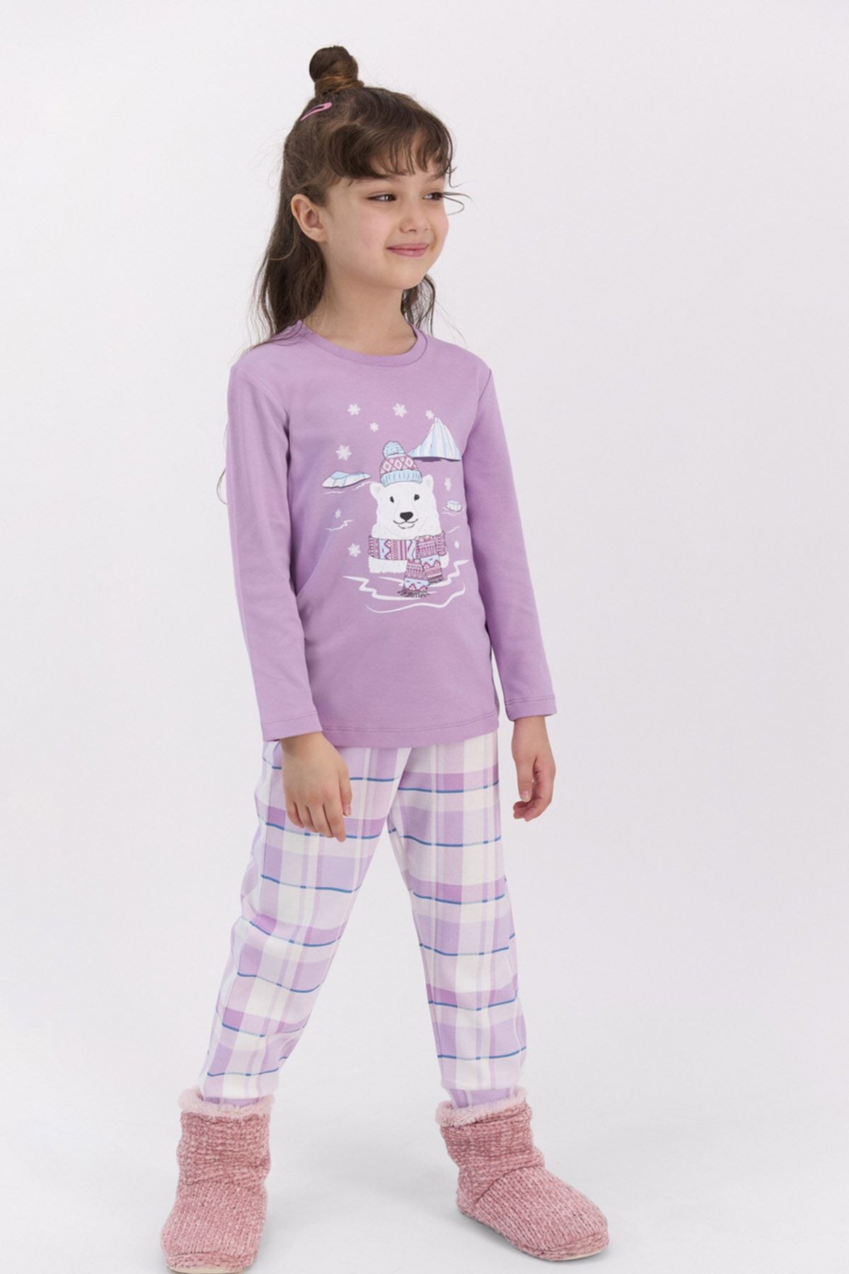 Rolypoly Ekoseli Lila Kız Çocuk Pijama Takımı