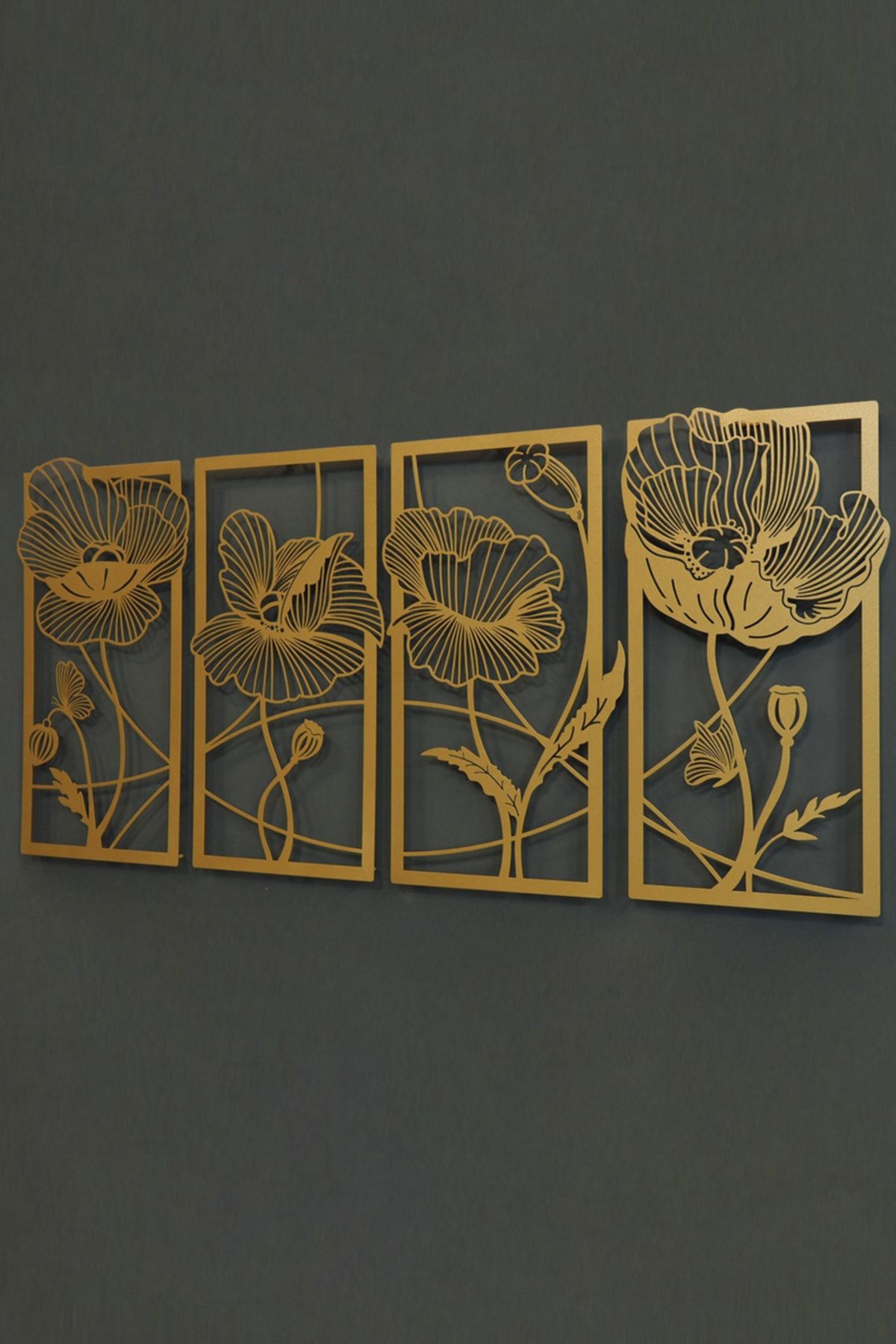 Artepera Çiçekler Metal Duvar Tablosu 4'lü Set - Altın - Modern Dekoratif Duvar Tablosu - Tablo - Apt573