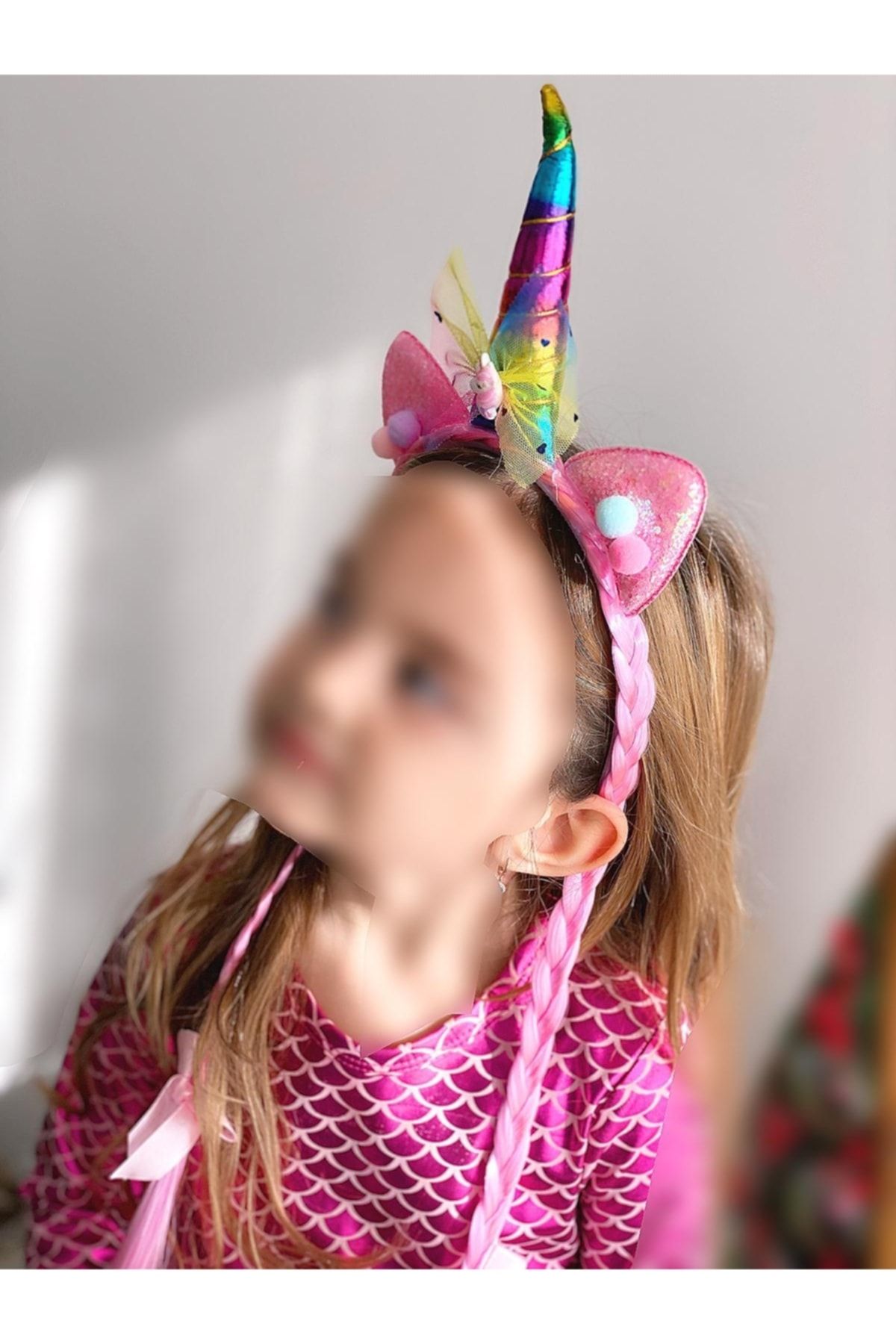 QUEEN AKSESUAR Unicorn Boynuzlu Postiş Örgü Uzun Rapunzel Saçlı Simli Çocuk Tacı Doğum Günü Kostüm Taç Pembe