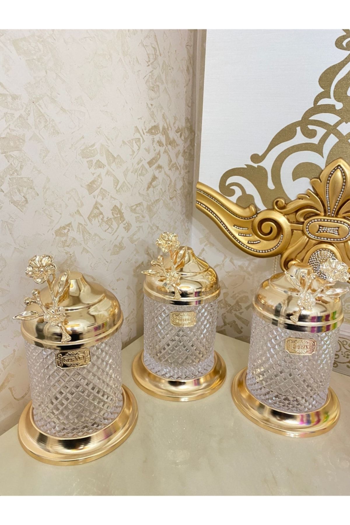 İmren Collection Lux Kristal Kavanoz Seti Japon Güllü Gold 3lü