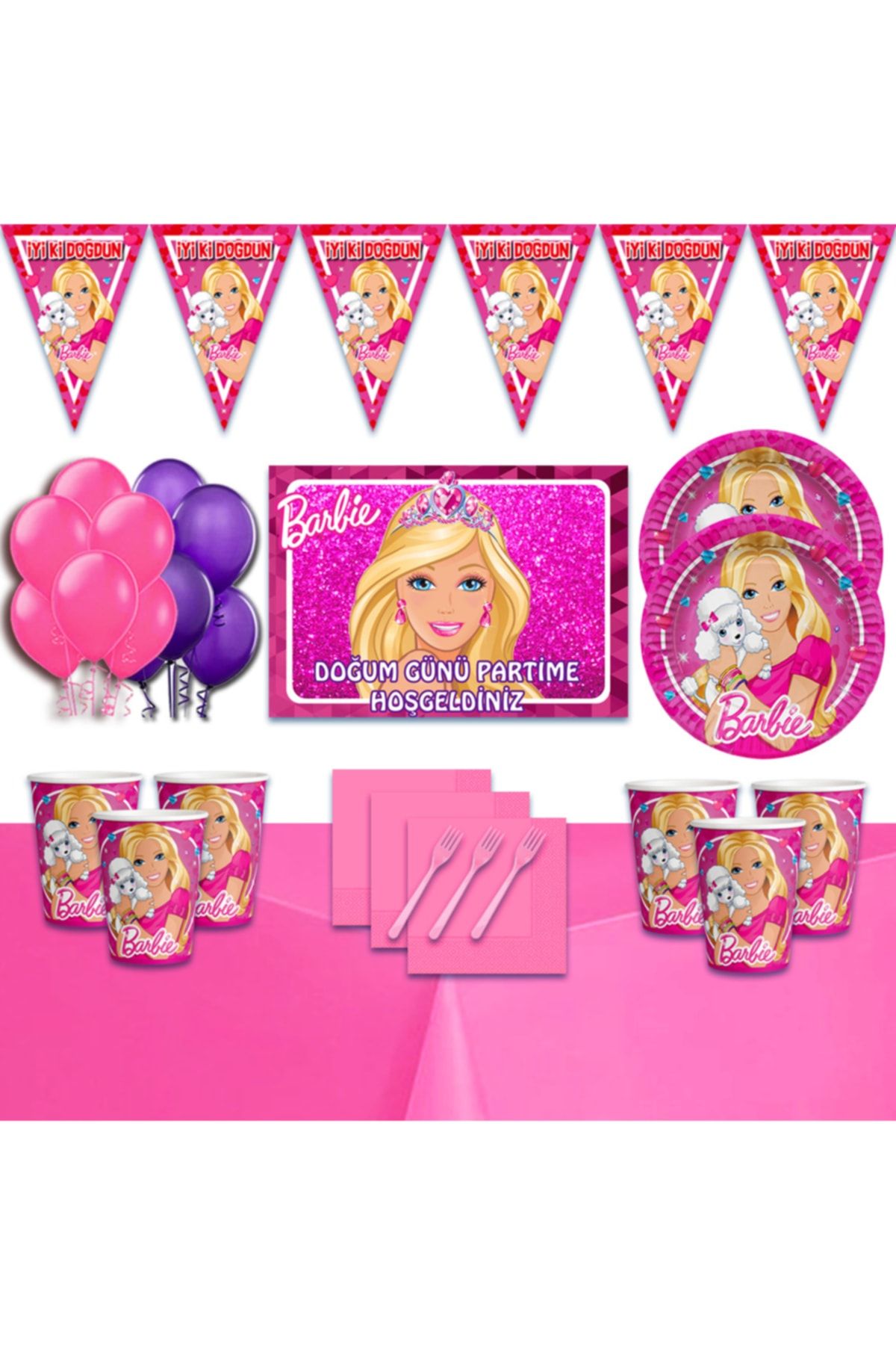 Barbie Bebek Afişli 16 Kişilik Doğum Günü Parti Süsleri Malzemeleri Seti