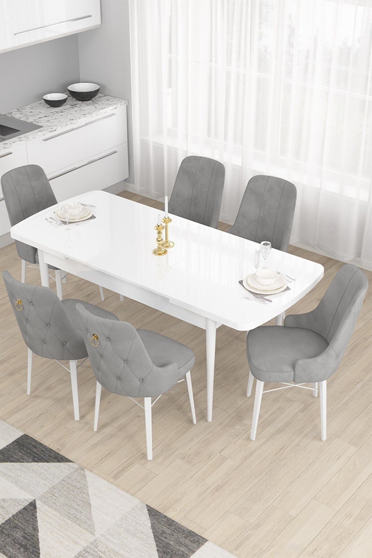 Canisa Concept Nar Serisi, 80x132 Açılabilir Mdf Masa, Beyaz Mutfak Masa Takımı, 6 Gri Sandalye