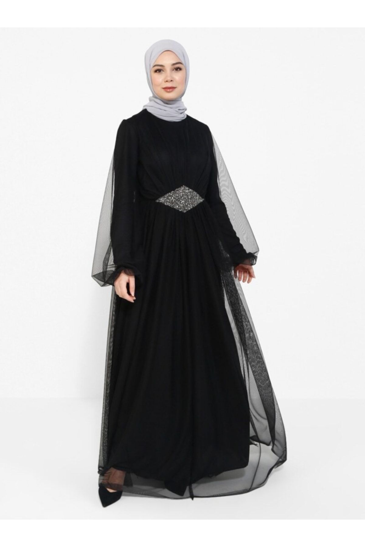 Tavin Beli Taş Detaylı Tüllü Abiye Elbise - Siyah -