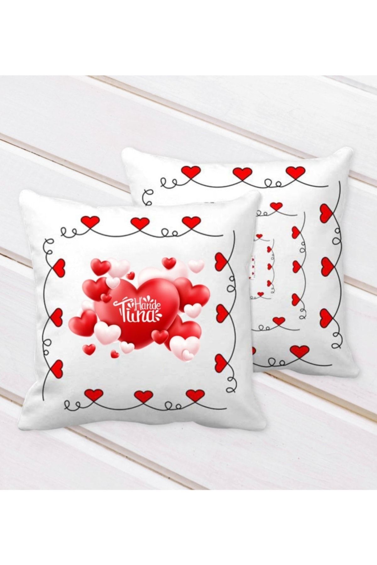 Bk Gift Kişiye Özel Sevgililer Günü Kurdela Kalp Desenli Dekoratif Kırlent Yastık-136