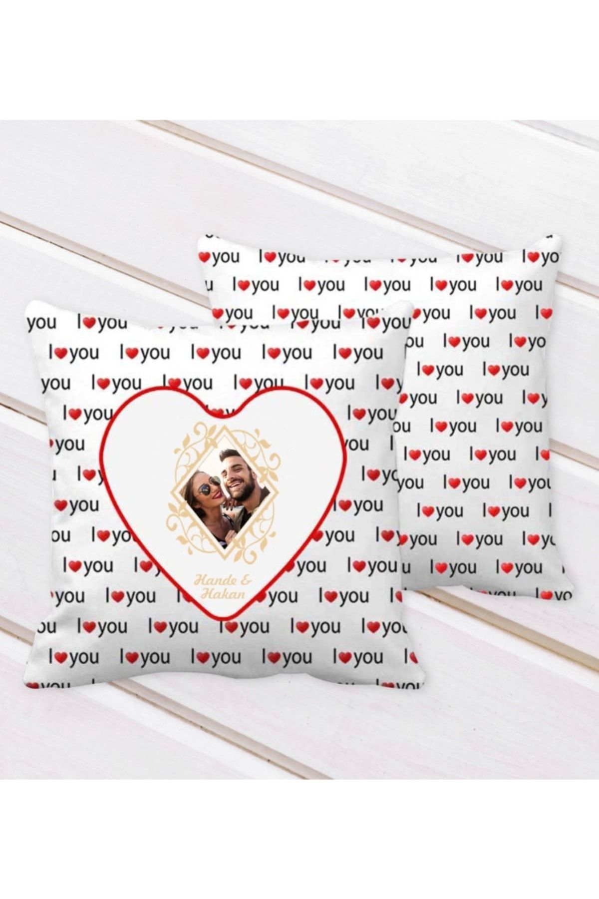 Bk Gift Kişiye Özel Isimli Fotoğraflı I Love You Kalp Desenli Dekoratif Kırlent Yastık-1