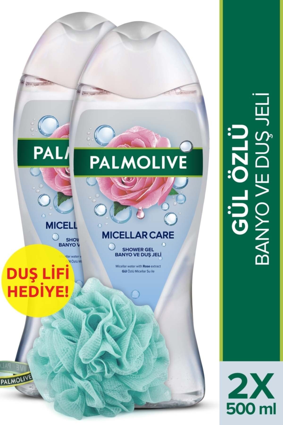 Palmolive Micellar Care Gül Özlü Micellar Su ile Banyo ve Duş Jeli 500 ml x 2 Adet + Duş Lifi Hediye