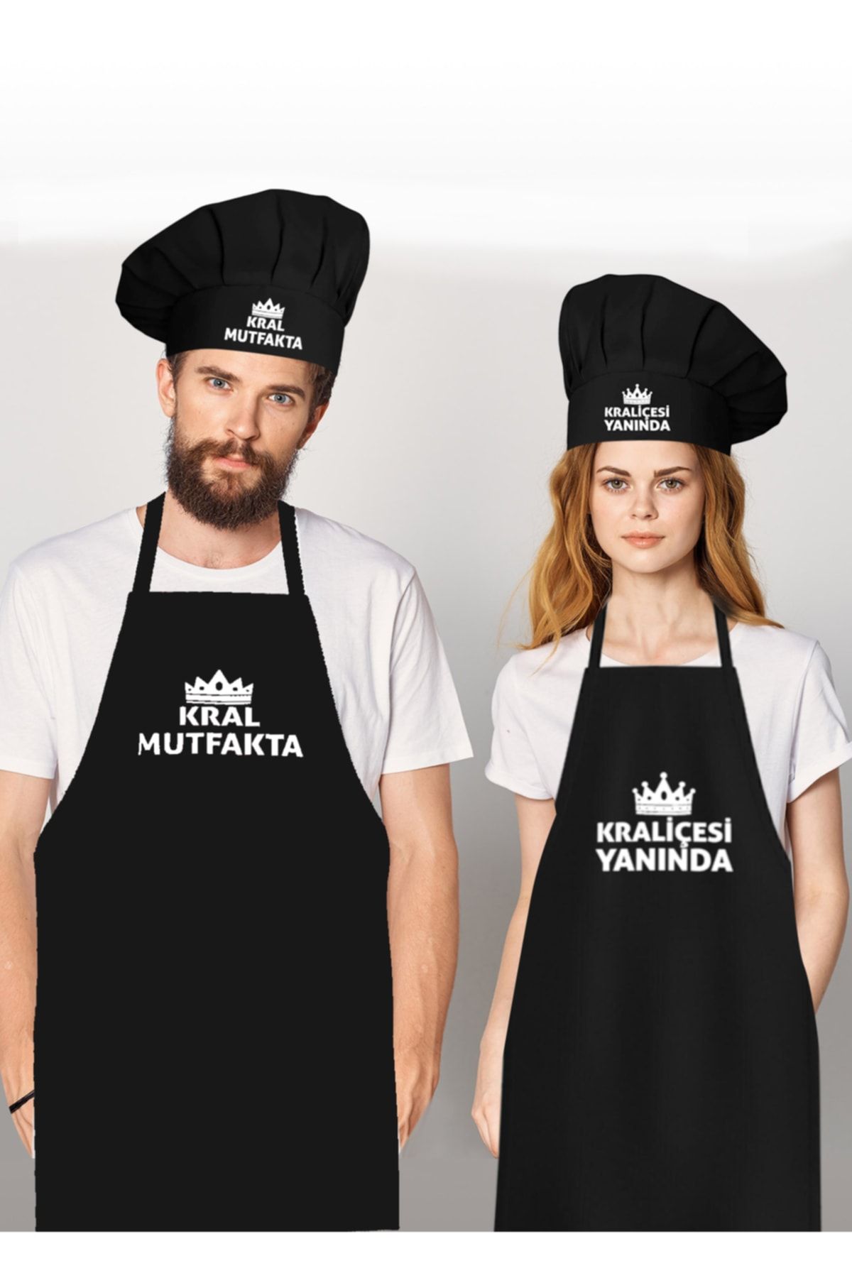 enmalife 2li Siyah Mutfak Önlüğü Ve Aşçı Şapkası - Kral Mutfakta - Kraliçesi Yanında Baskılı