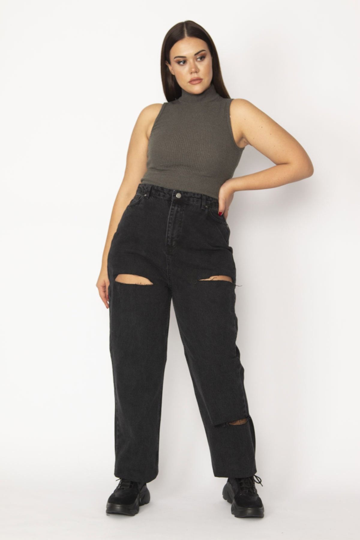 Şans Tekstil Kadın Siyah Yırtık Detaylı Geniş Basen Kot Pantolon 18n29207