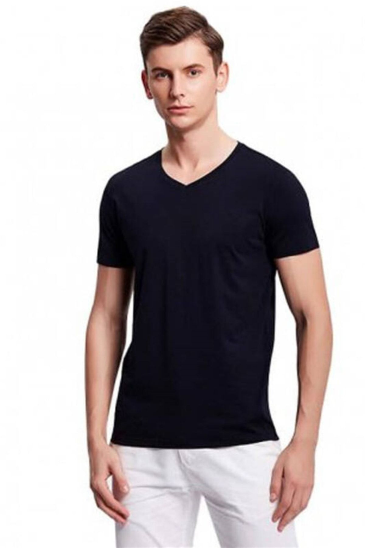 Seher Yıldızı Erkek Siyah Ribana V Yaka T-shirt 6'lı Ekonomik Paket Sy0061