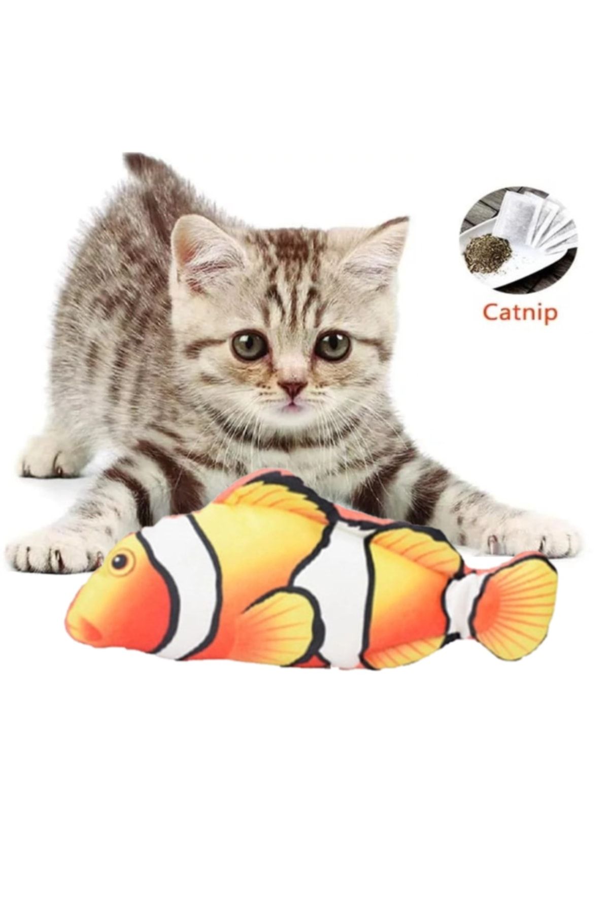 TİNEKE Peluş Kedi Oyuncağı Balık Kedi Nanesi Otlu Çıngıraklı 1 Adet Palyaço Açık