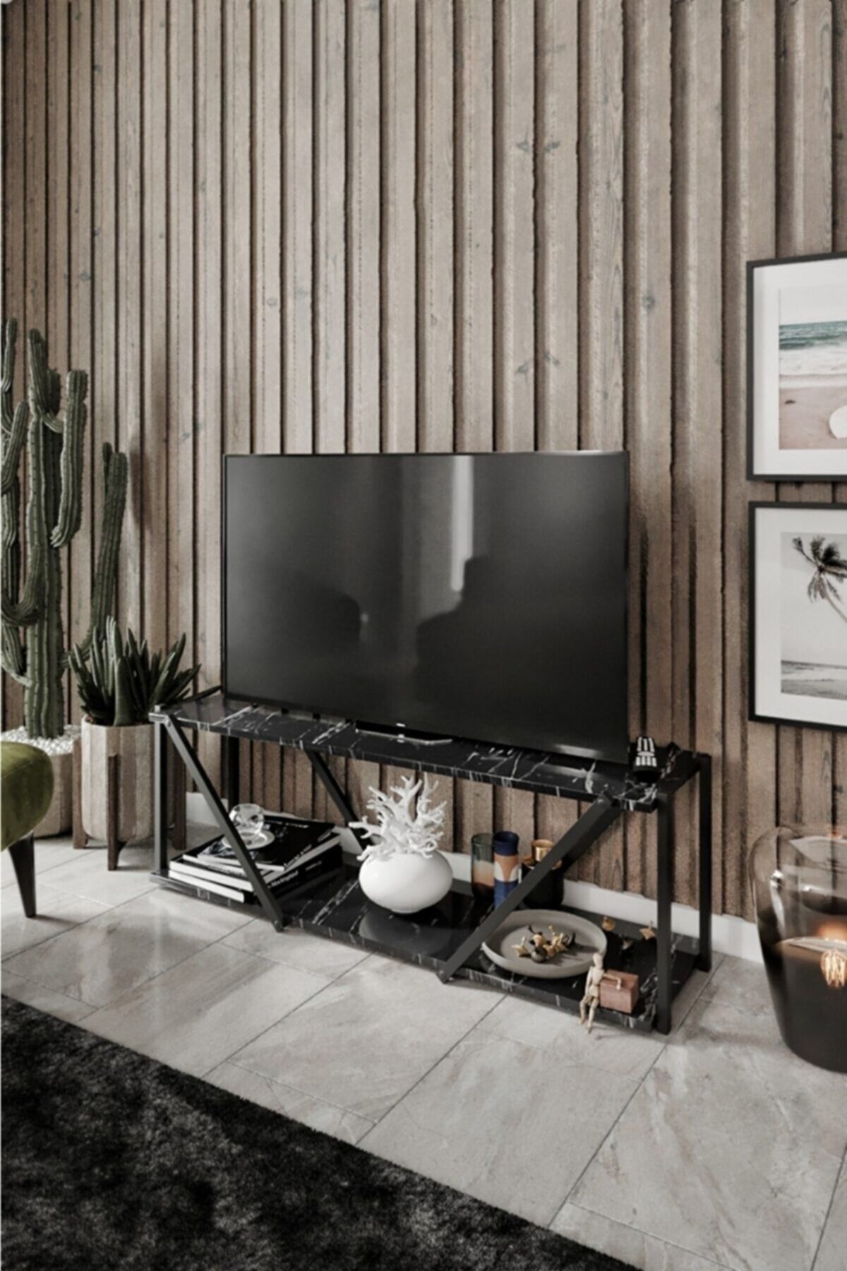 Genel Markalar Dekoratif Tv Sehpası Siyah Mermer Desen Tv Ünitesi 120x35 Cm
