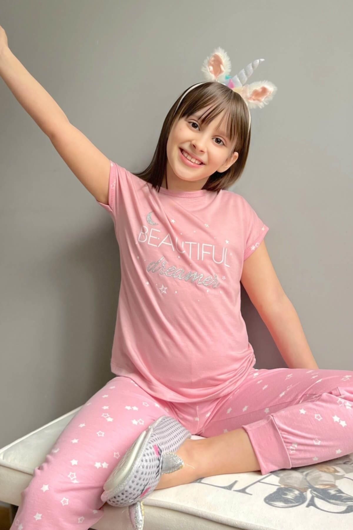 Pijamaevi Beautiful Dreamer Baskılı Kısa Kollu Kız Çocuk Pijama Takımı