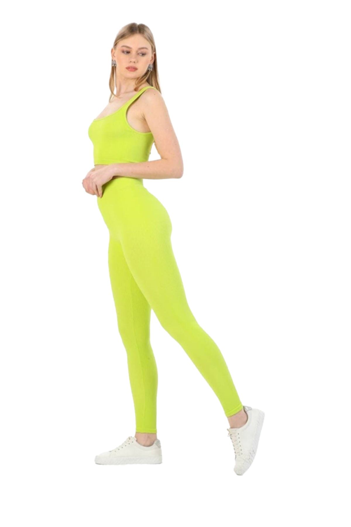 PROSLİM Kadın Spor Fitilli Tayt Crop Takım Seamless Toparlıyıcı Ince Fit Görünüm - Yeşil