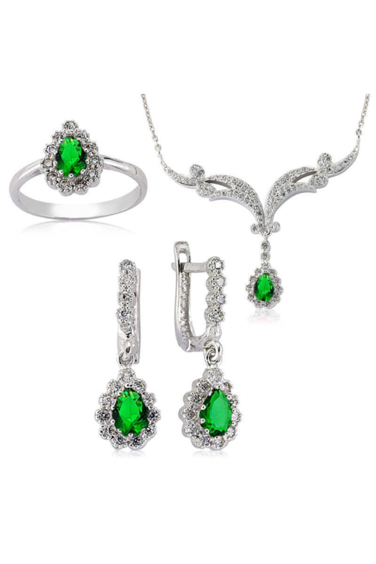 Gumush Kadın Yeşil Damla Gümüş Set