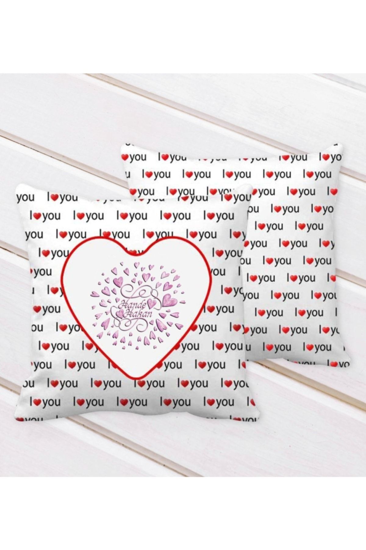 Bk Gift Kişiye Özel Sevgililer Günü I Love You Kalp Desenli Dekoratif Kırlent Yastık-27